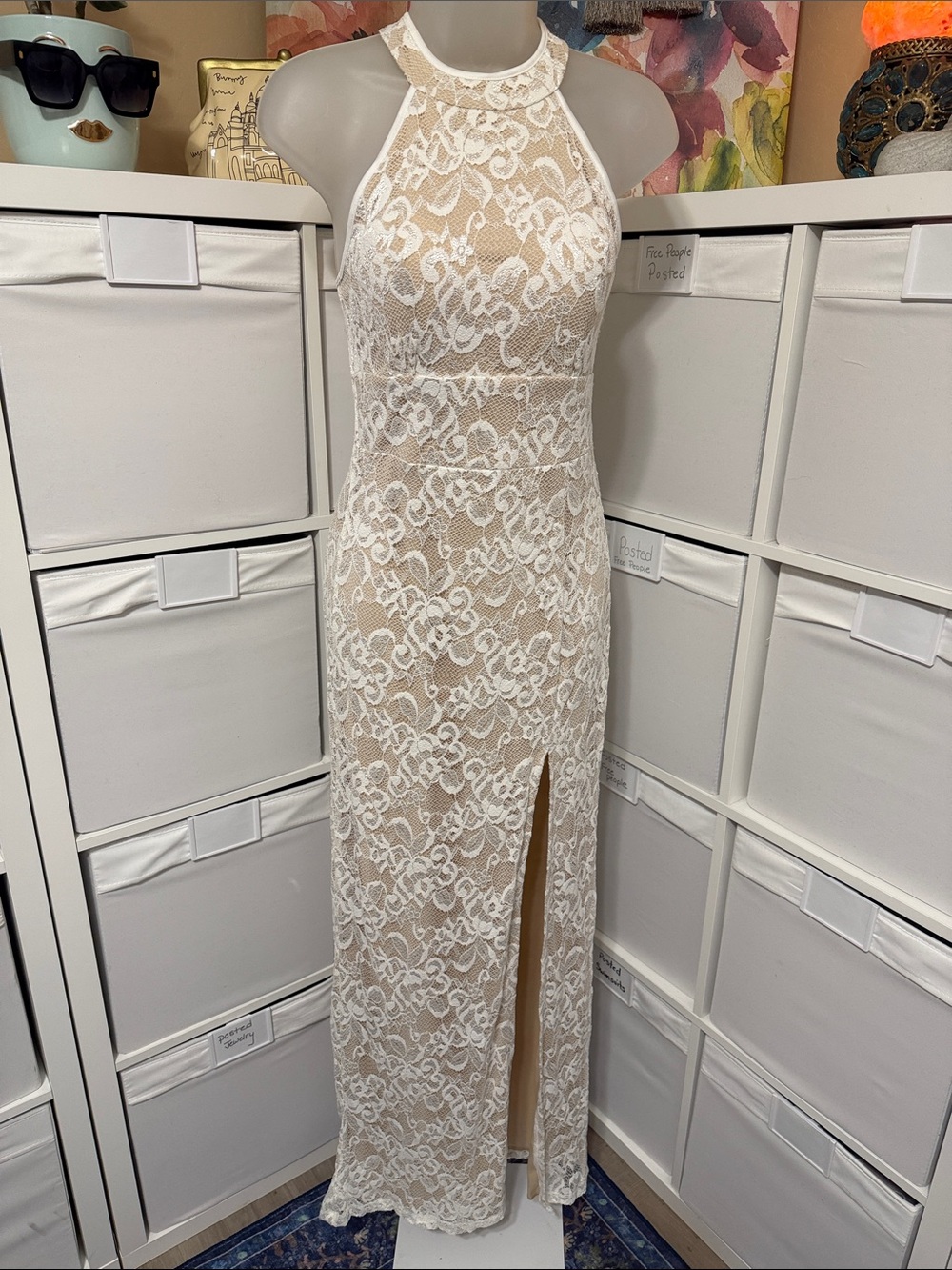 Emerald Sundae White Lace Halter Maxi Dress with Nude Lining